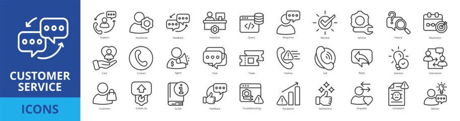 Customer service icon pack collection set with support, assistance, feedback, helpdesk, query, response, resolve, service, inquiry, resolution, care, contact, agent, chat, ticket, hotline