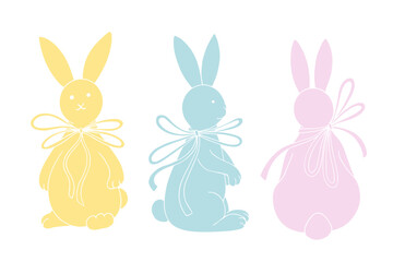 Set of decorative silhouettes of cute rabbits with festive bows. Vector graphics.