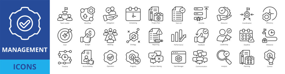 Management icon pack collection set with team leader, workflow, delegation, scheduling, project plan, task list, prioritize, resource, coordination, efficiency, goal, budget, meeting, strategy