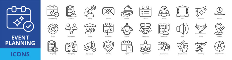 Event planning icon pack collection set with guest list, staffing, invitation, catering, schedule, attendee, venue, decoration, timeline, target, coordination, vendor, promotion, meeting