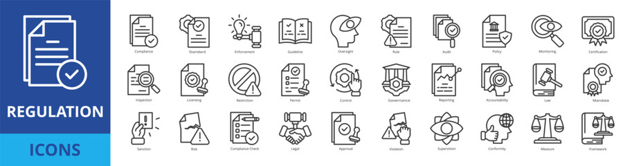 Regulation icon pack collection set with compliance, standard, enforcement, guideline, oversight, rule, audit, policy, monitoring, certification, inspection, licensing, restriction, permit, control