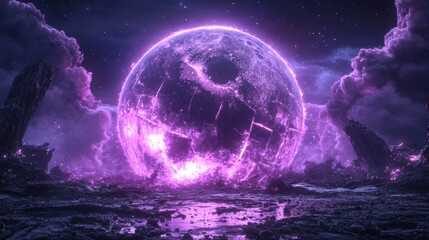 Fototapeta premium Surreal purple planet: mystical sci-fi landscape with glowing sphere and cosmic clouds