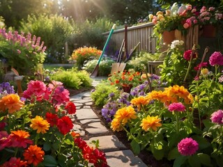 Beautiful Vibrant Garden with Pathway in Bloom Under Morning Light