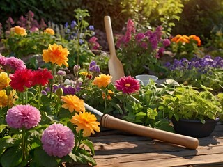 Blooming Summer Garden with Colorful Flowers and Gardening Tools