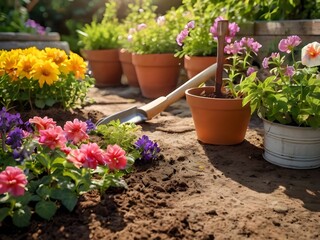Beautiful Flower Garden With Blooming Plants and Gardening Tools in the Sunlight