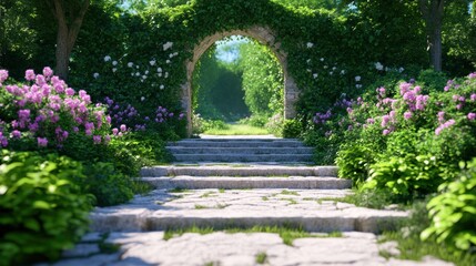 Enchanted garden pathway through stone arch with blooming flowers and lush greenery