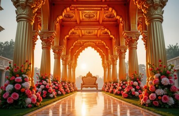 Golden mandap decorated elaborately for Indian wedding ceremony. Beautiful flowers arranged along pathway. Elaborate decorations with vibrant colors, traditional style. Luxury, romantic ambiance.
