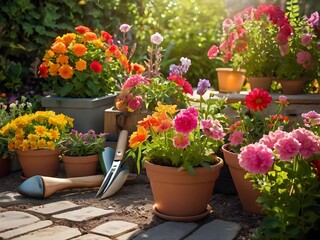 Vibrant Flower Pots in a Sunny Garden with Gardening Tools