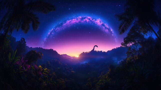 Mystical jurassic landscape with dinosaur silhouette under starry night sky