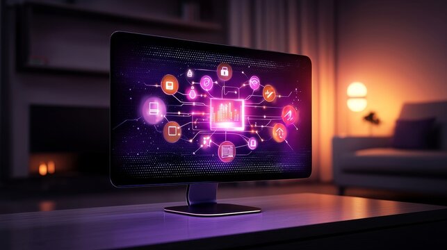 Smart home hub display with connected icons, seamless network concept