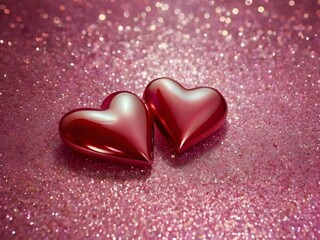 Two Red Hearts on Sparkling Pink Glittery Background Symbolizing Love and Romance