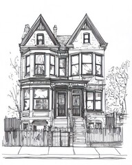 Fototapeta premium A Detailed Line Drawing Of A Victorian Style Double House