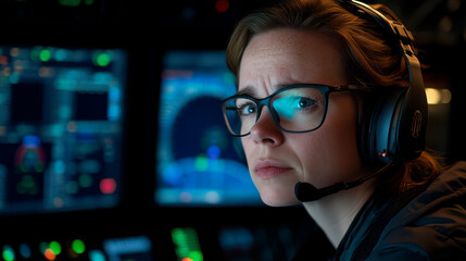 Female air traffic dispatcher in control room