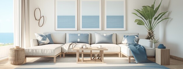  Living Room with Sofa, Wooden Floor, Sea View, and Geometric Art on White Walls