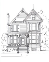 Fototapeta premium Victorian Style House Architectural Line Drawing