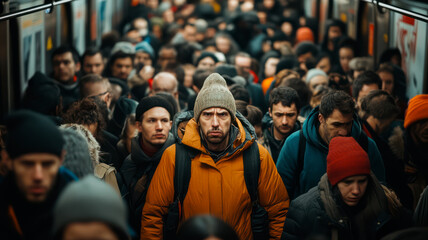 Crowd of commuters with sad face expressions in subway, boring everyday life