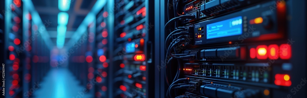 Poster data center rack with many servers, network cables. high-tech tech infrastructure in operation. mode