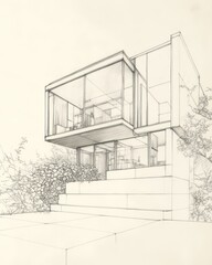 Architectural Sketch of Modern House Design with Landscaping