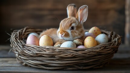 Adorable baby bunny nestled among Easter eggs in a wicker basket