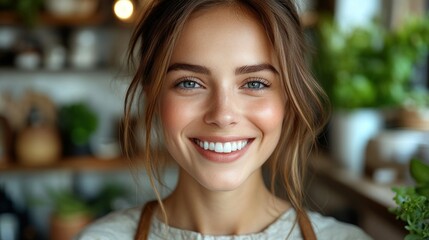 Fototapeta premium Portrait of a Smiling Woman in a Cozy Setting