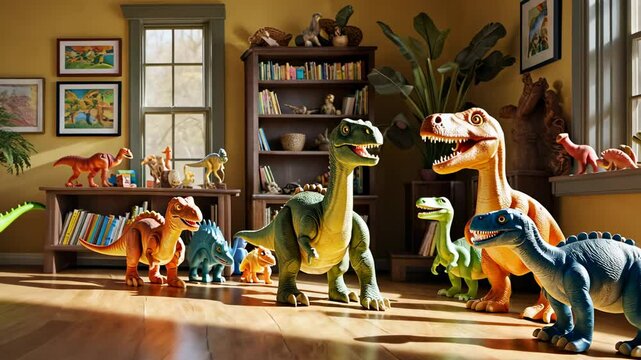 A group of toy dinosaurs are standing in a room with a bookshelf behind them. The room is bright and cheerful, with a window letting in natural light. The scene is playful and whimsical