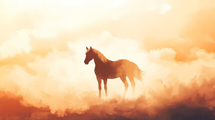 A horse is standing in the middle of a dust storm. Ocean Falls. Illustration