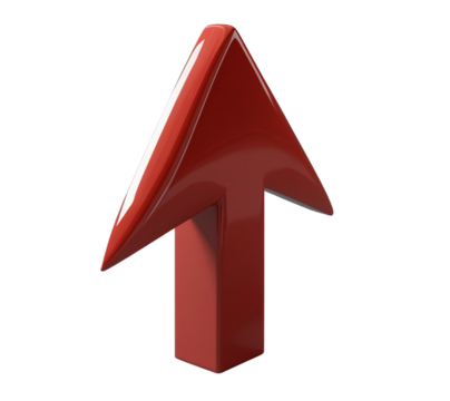 a photorealistic image of a red, 3D arrow pointing upwards. The arrow have a glossy finish and cast a realistic shadow on a gray background