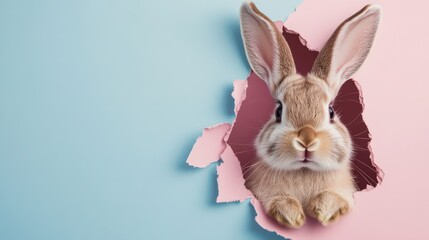 Obraz premium Adorable bunny peeking out from a torn hole in pastel-colored paper with copy space