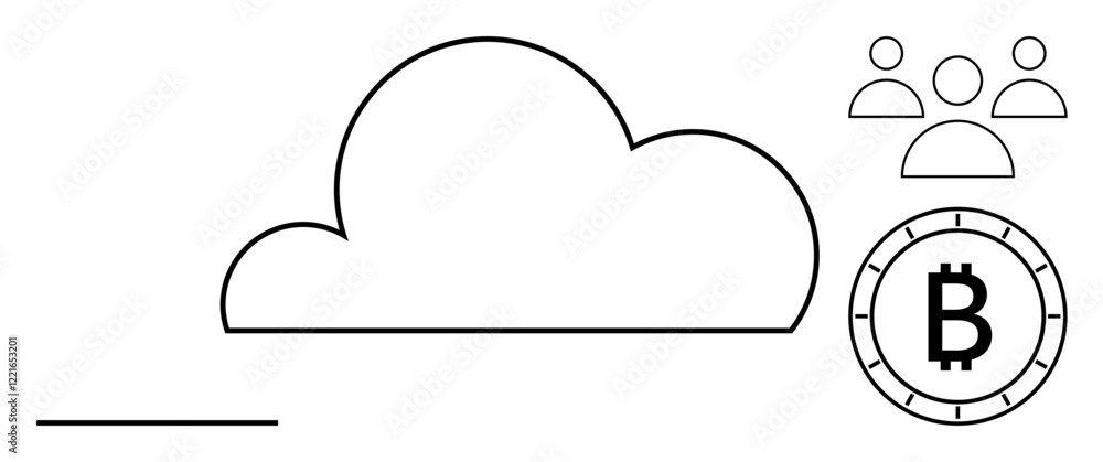 Poster cloud icon connected to cryptocurrency bitcoin symbol and three user icons representing teamwork. id