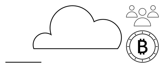 Cloud icon connected to cryptocurrency bitcoin symbol and three user icons representing teamwork. Ideal for technology, finance, cloud storage, cryptocurrency, teamwork, online collaboration, digital