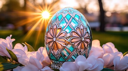Intricate decorative egg amidst blossoms with sunburst in background