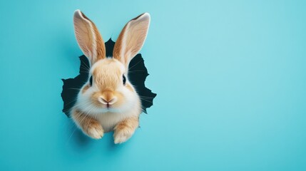 Obraz premium Adorable bunny with fluffy ears peeking out of a hole in a blue wall, perfect for festive banners