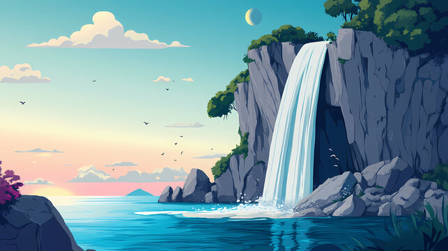 Cliffside waterfall cascading into ocean waters. cliffside waterfall. illustration. Ocean Falls. Illustration