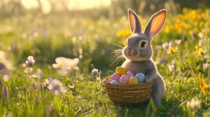 Adorable bunny with oversized ears holding a basket of colorful eggs on a meadow