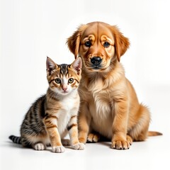 Adorable golden retriever puppy, tabby kitten sit together on white background. Friendly animals show good companionship. Cute pets look directly at camera. Perfect for pet lovers, animal shelters,