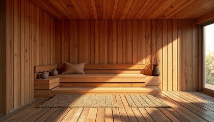 modern wooden sauna interior with natural light, minimalistic seating area, and warm natural wooden textures