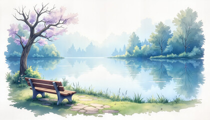 Obraz premium Bench by calm lake with trees in morning light watercolor style