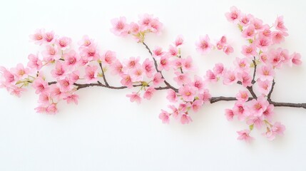 Vibrant pink cherry blossom branch on white background with delicate flowers in bloom