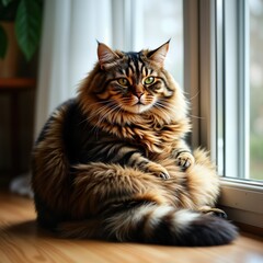 Fluffy fat cat sits by window. Animal relaxed, enjoying cozy spot. Domestic pet postures in home setting. Cat lovely fluffy friend by window. Pet looks content, happy. Focus on portrait of beautiful