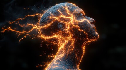 Abstract Glowing Human Head Profile Energy Sparks Fiery Digital Art Mystical