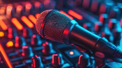 Close-up of microphone on a sound mixer with red and blue lighting.