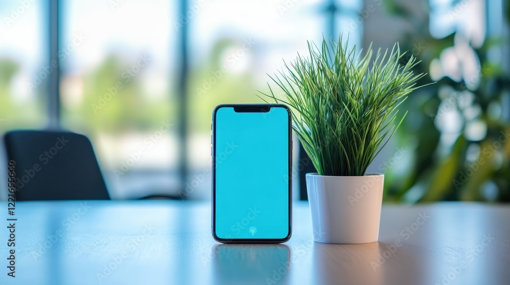Poster a bright and airy desk setup with a smartphone showing a messaging app for telework.