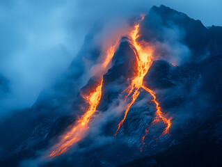 Erupting Volcano Near the Sea Creates an Awe-Inspiring Display of Lava and Smoke During Twilight Hours