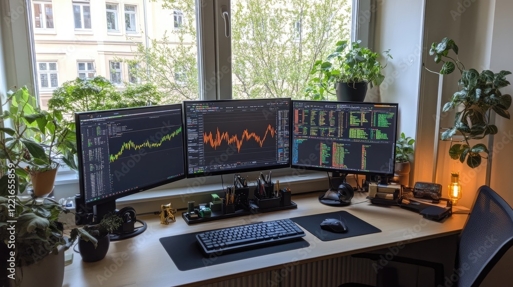 Poster A bright workspace with dual monitors displaying work documents and charts.