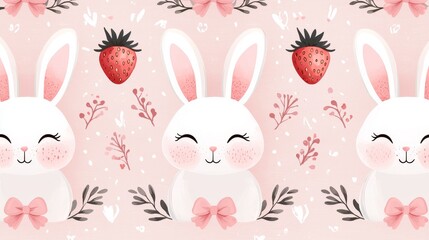 Professional seamless pattern featuring charming rabbits, bright strawberries, and delicate bows on a light pink textured background