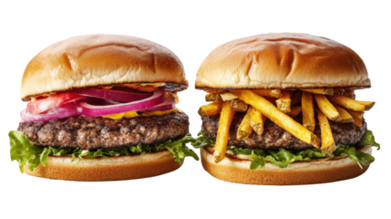 Delicious burger and french potato fries on transparent background