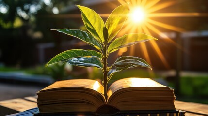 Growing plant emerging from book with sunlight in background