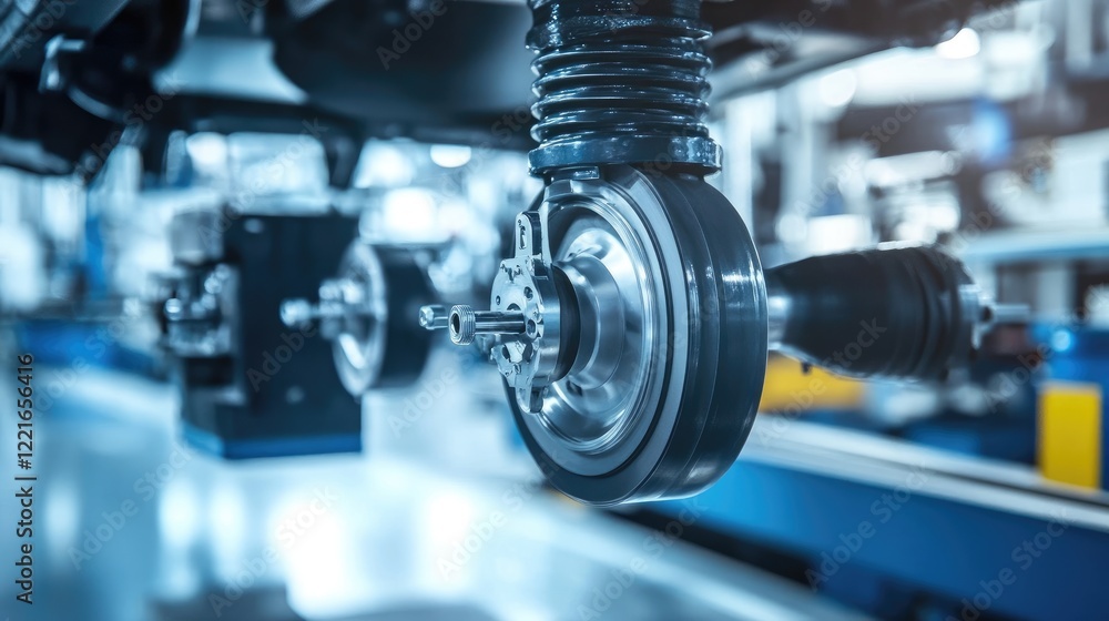Aufkleber a close-up of a precision tool aligning the suspension system in a car assembly line.