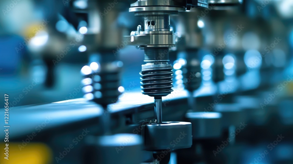 Poster a close-up of a precision tool aligning the suspension system in a car assembly line.