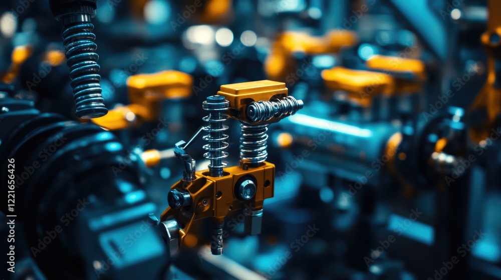 Poster a close-up of a precision tool aligning the suspension system in a car assembly line.